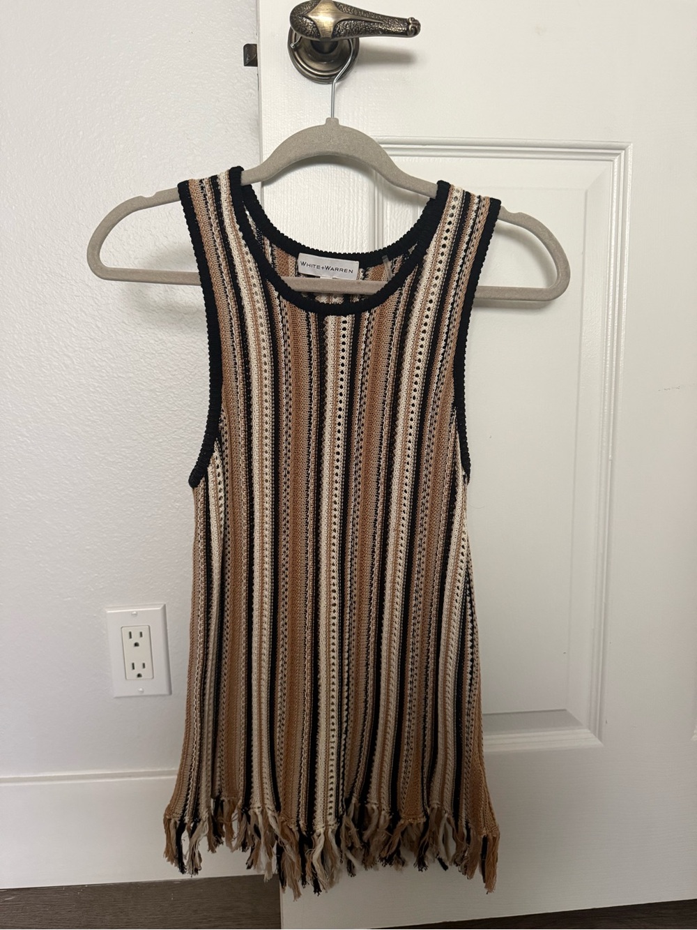 White + Warren Striped Fringe Knit Top - Neutral Stripe